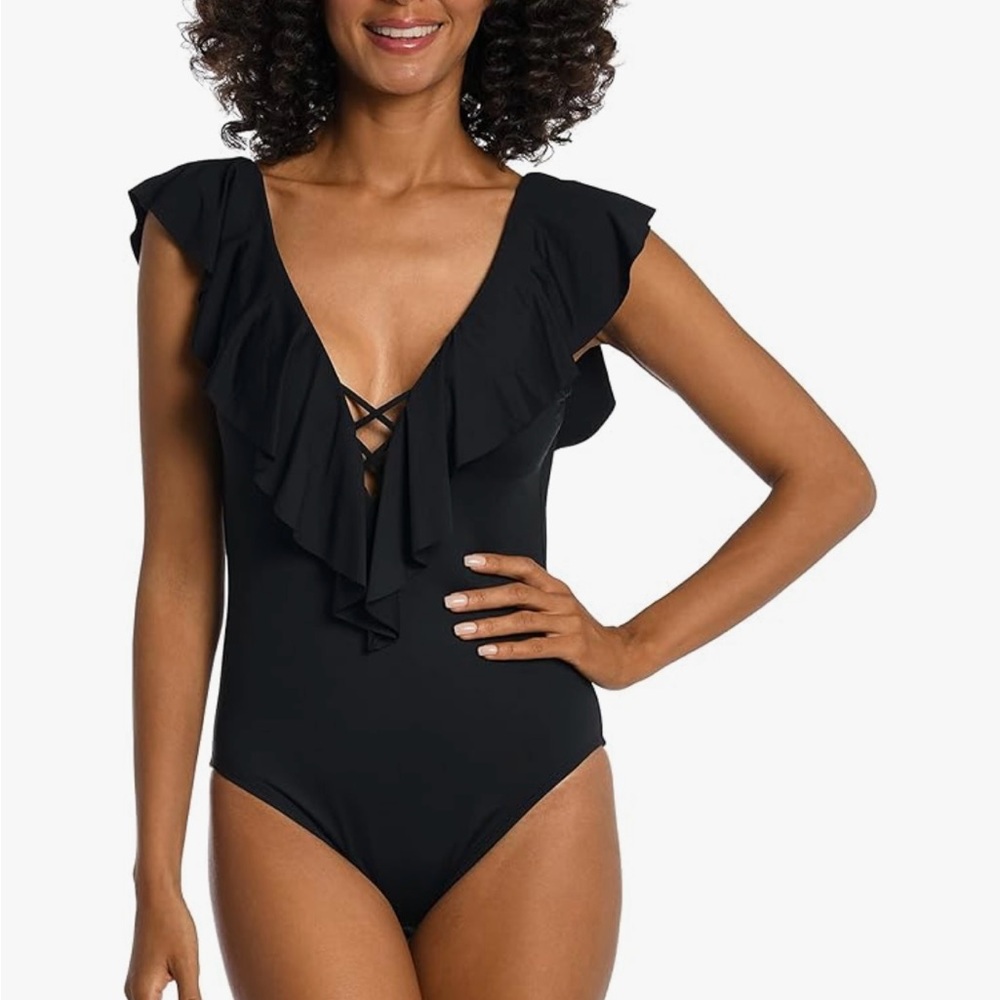 La Blanca Standard Island Goddess Over The Shoulder Ruffle Plunge One Piece